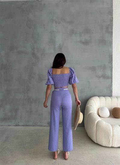 KETEN CROP KARPUZ KOL BLUZ-PANTOLON HASIR KEMERLİ - Mor resmi